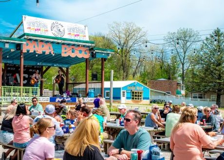 Photo of outside dining and live music stage at Papa Boo's Restaurant.