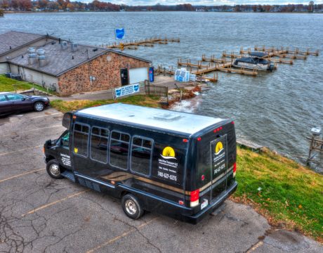 Photo of the Ohio Party Bus beside Buckeye Lake.