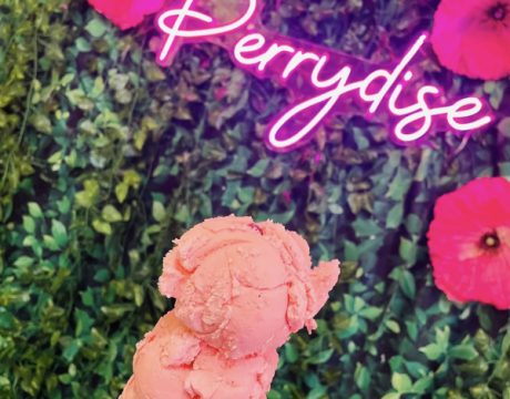 Photo of an ice cream cone in front of a sign that says 