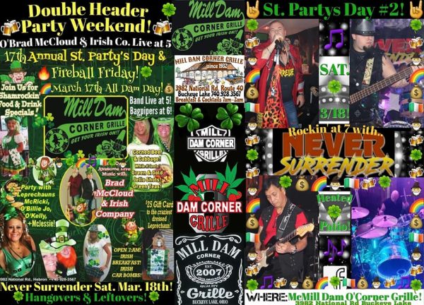 Promotional image for a St. Patrick's Day party at Mill Dam Corner Grille.