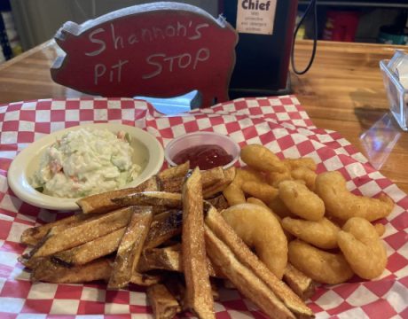 Photo of fried shrimp, french fries, and coleslaw at Shannon's Pit Stop.