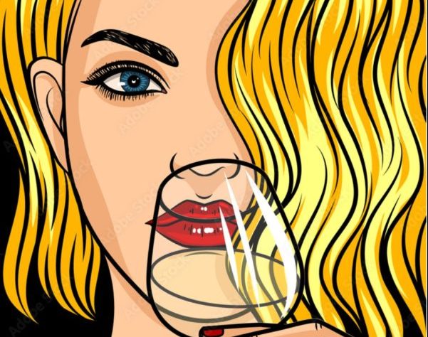 Animated drawing of a blonde-haired woman drinking a glass of wine.