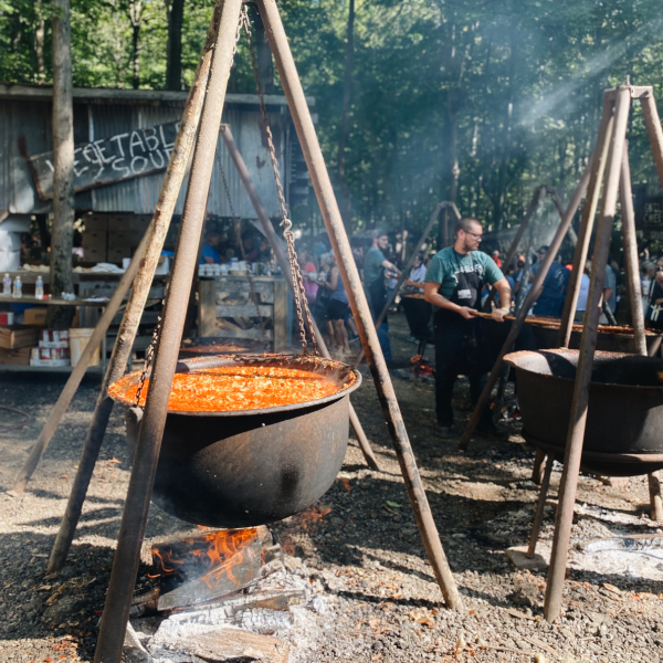 Cauldrons of soup over a fire in the woods with vendors in the background.