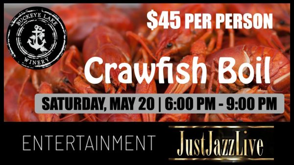 Promotional image for a crawfish boil at Buckeye Lake Winery.