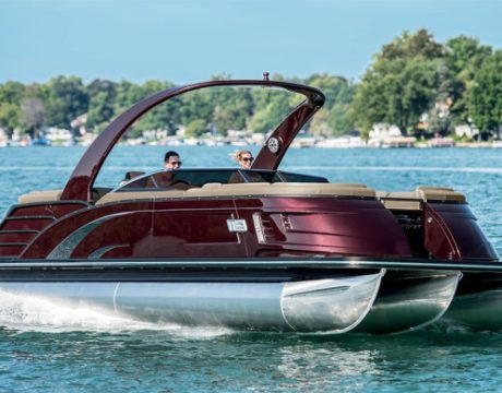 Photo of a large, dark red boat on Buckeye Lake.