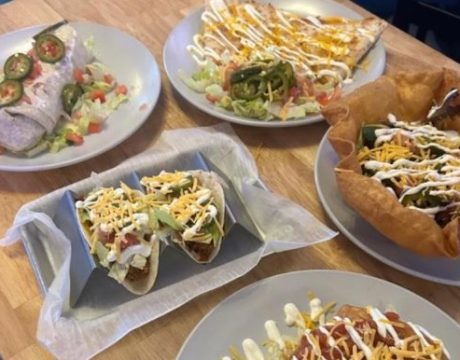 Table of tacos, burritos, and more at the Boatyard at Buckeye Lake.