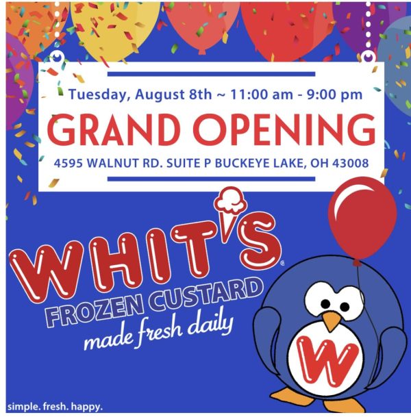 Promotional image for Whit's Frozen Custard grand opening in Buckeye Lake.