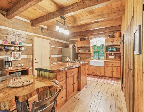 Photo of a wooden kitchen at the Walnut Lodge rental in Buckeye Lake.