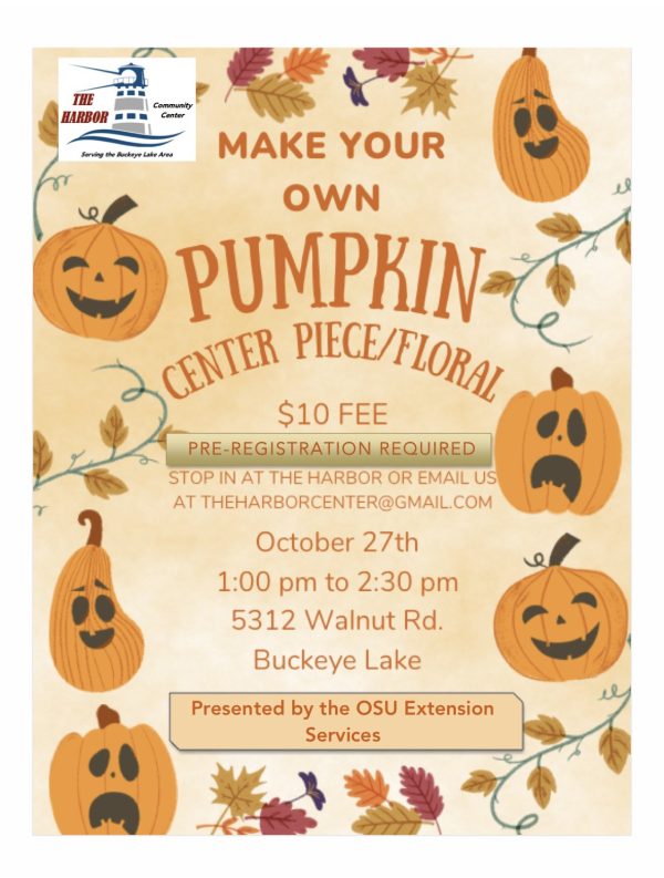 Promotional image for making a pumpkin centerpiece at the Harbor Community Center.