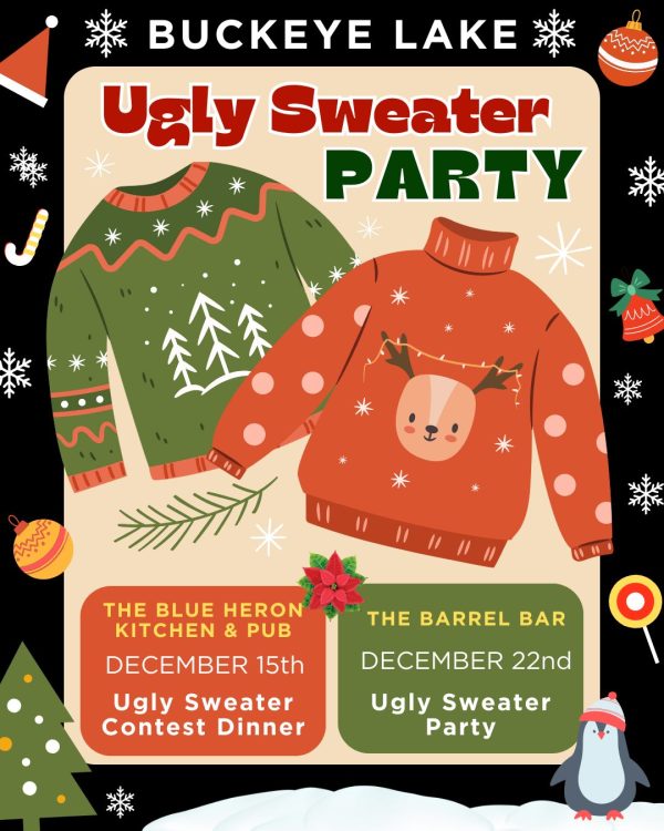 Promotional image for an ugly sweater party at Buckeye Lake.