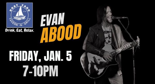 Promotional image for musician Evan Abood at the Boatyard at Buckeye Lake.