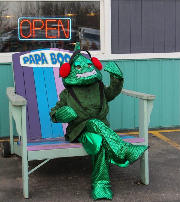 Photo of someone in a fish costume at Papa Boo's during Winterfest.