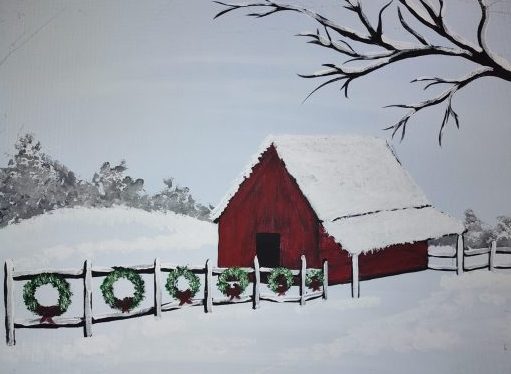 Painting of a red barn during the snowy wintertime with wreaths on the fence.