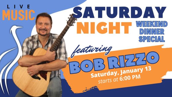 Promotional image for musician Bob Rizzo playing at The Blue Heron Kitchen.