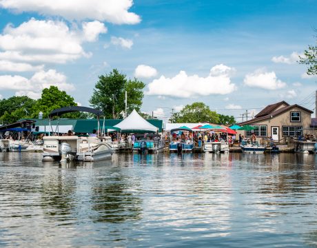 Photo of a boat dock with many parked boats promoting the village of Thornville/Thornport.