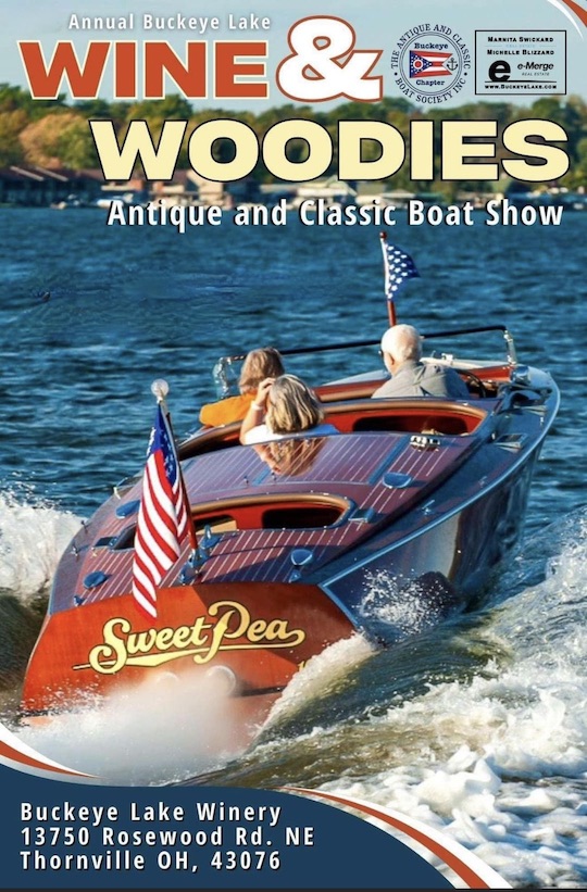 Promotional image for the Wine & Woodies Classic Boat Show at the Buckeye Lake Winery.