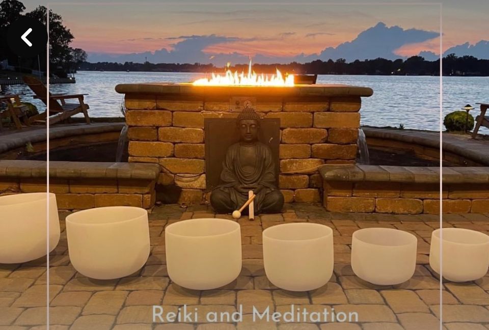 Promotional image for guided meditation, with a fire place and sound bowls in the photo