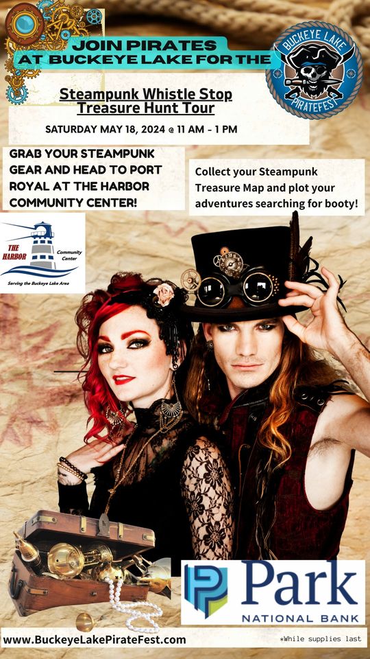 Promotional image for the Steampunk Whistle Stop Tour at Buckeye Lake Pirate Fest.