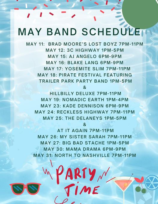 Promotional image of the May live music schedule at Waterfront on Buckeye Lake.