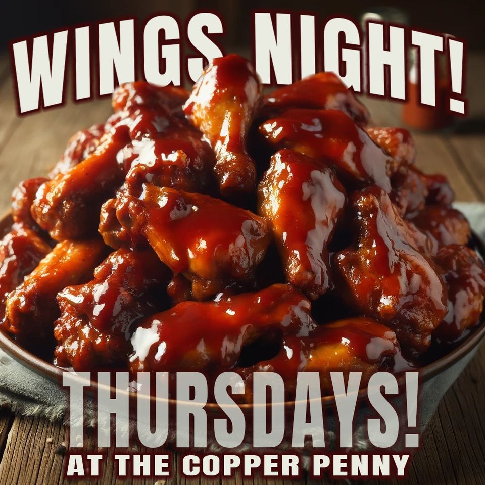 Photo of barbeque wings with the words "Wings Night" above it