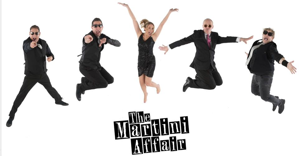 Photo of the band The Martini Affair jumping into the air with a white background